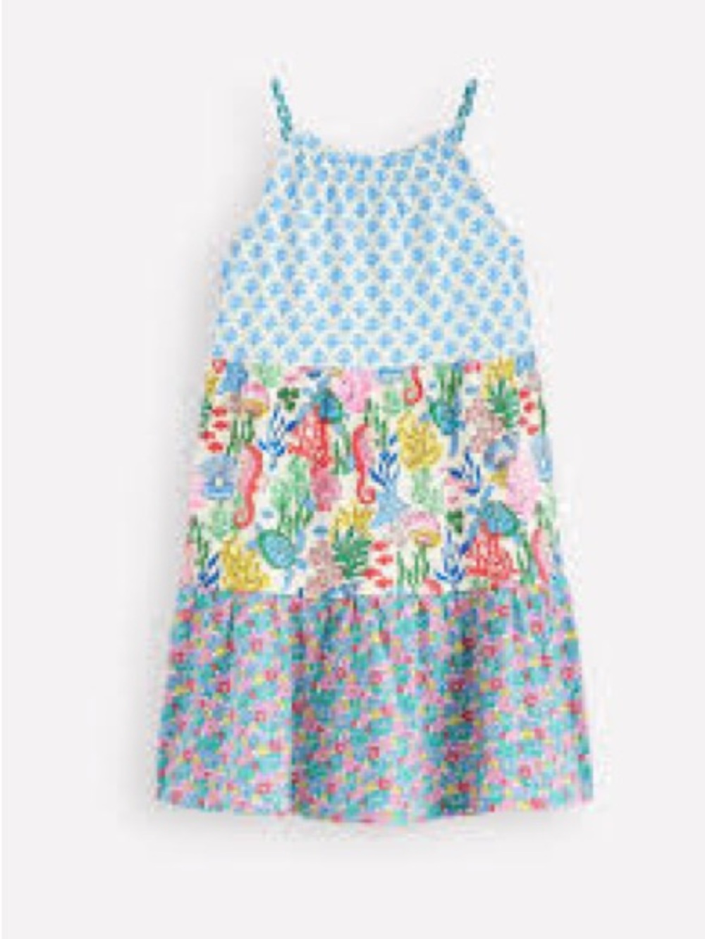 Mini Boden Blue Multi-Panel Printed Tiered Dress